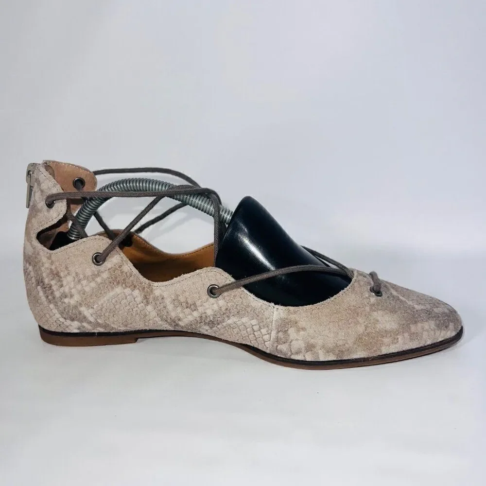 Lucky Brand Billoh Snake Print Suede‎ Pointed Toe Lace-up Flats Women's 7
